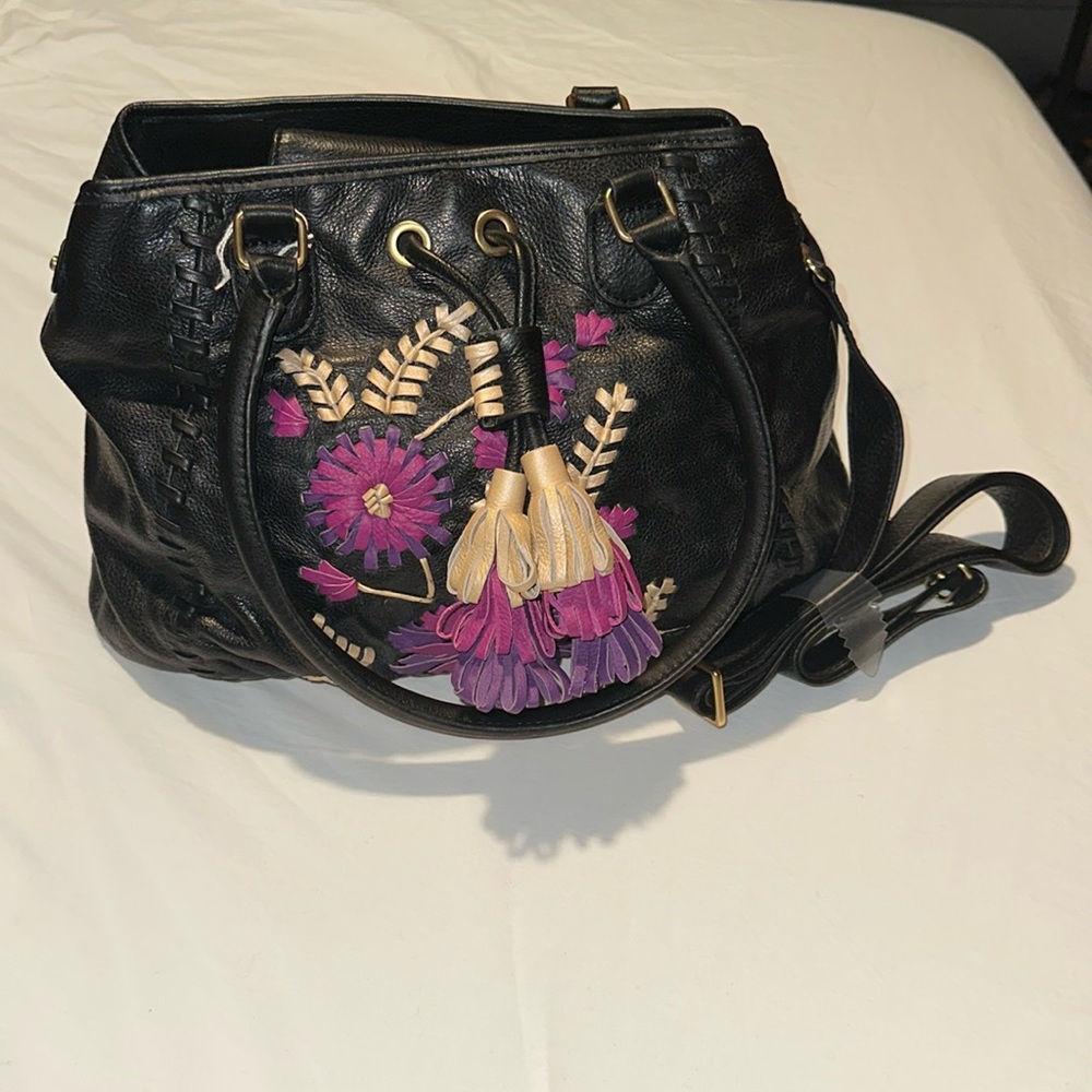 Isabella Fiore bohemian black leather floral embroidered handbag EUC
